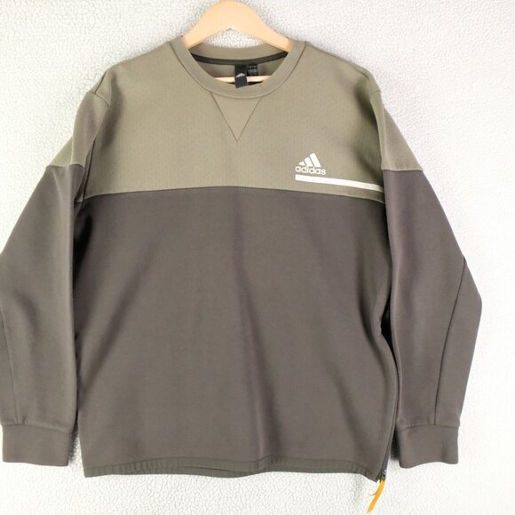 Adidas Sweatshirt Mens Large Green Striped Heavyweight Crew Sweater Athletic - Picture 1 of 12